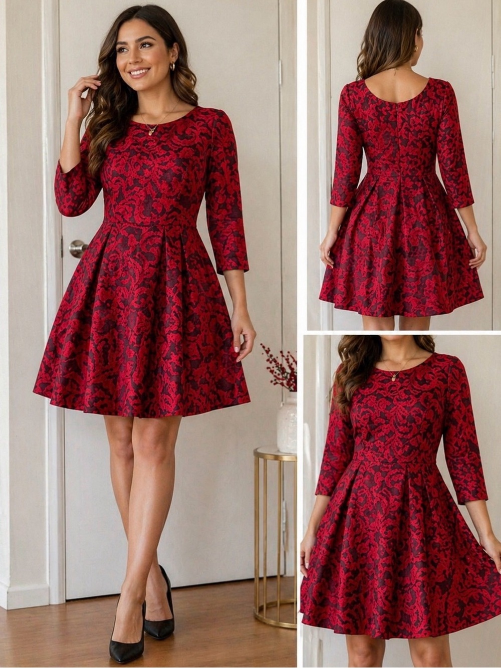 Elvi Red Black Jacquard Fit Flare Dress Sz 2 Elegant Party